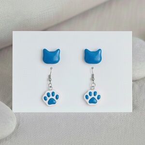 Cat Resin Earring Set - Handmade - Hypoallergenic - Blue